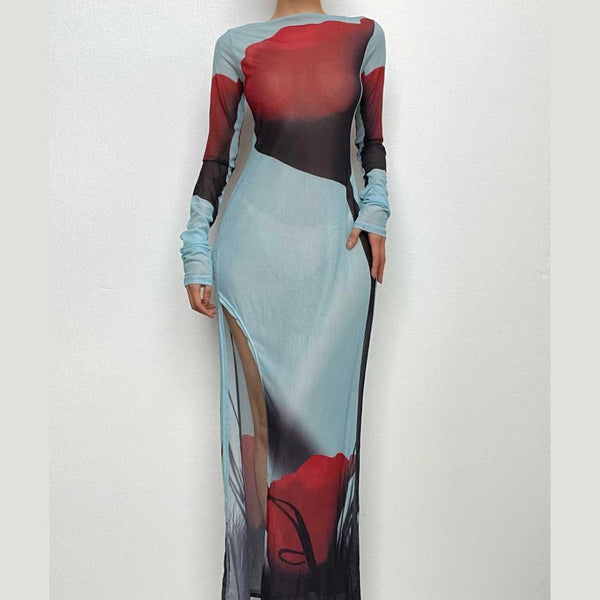 Robe longue fendue à manches longues et contraste abstrait en maille transparente | robe samba