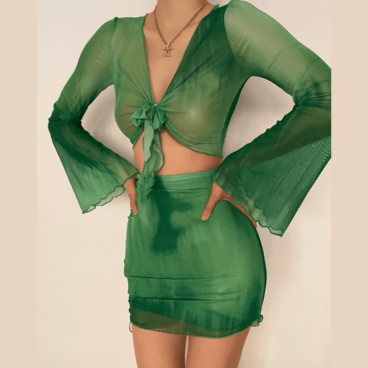 Flared sleeve mesh see through skirt set - Halibuy