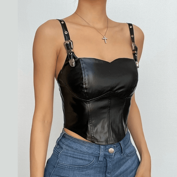 Haut court dos nu en cuir PU solide avec boucle et fermeture éclair 