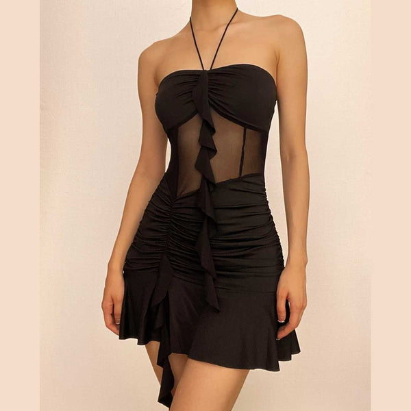 Mesh patchwork ruffle ruched halter backless mini dress  | red tango dress