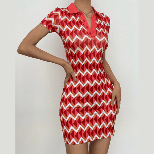 Short sleeve contrast turnover collar button mini dress  | red tango dress