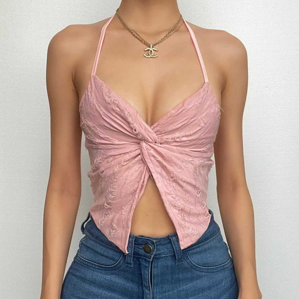 Halter self tie v neck textured knotted slit crop top