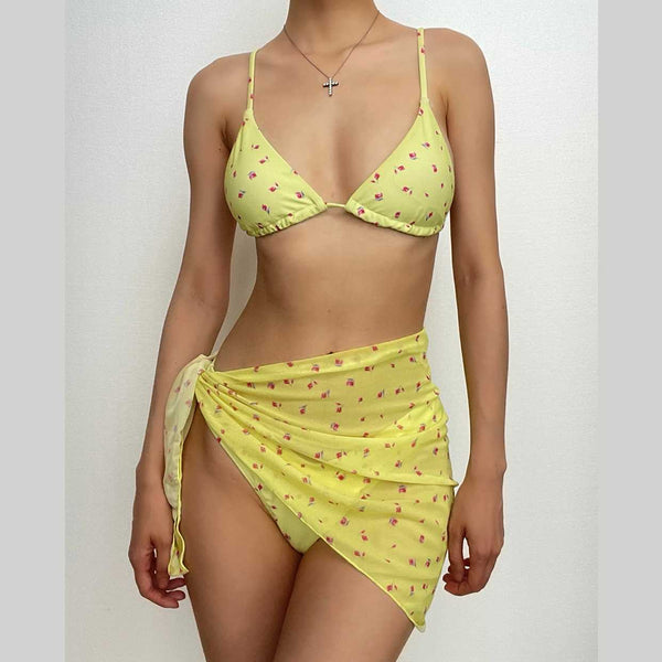 Maillot de bain 3 pièces à imprimé fleuri, dos nu contrasté, à nouer soi-même 