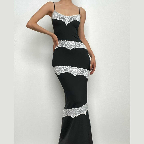 Robe longue camisole irrégulière contrastée à col en V et ourlet en dentelle