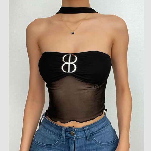 Haut court dos nu à volants en maille avec boucle et décolleté bas 