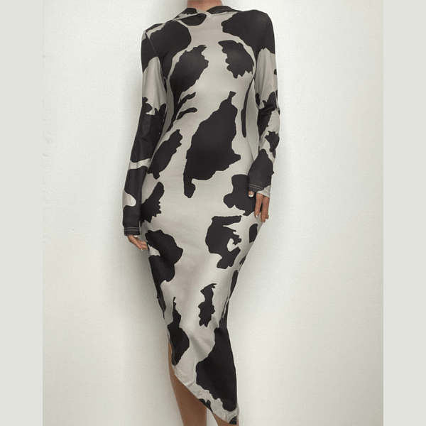 Robe midi irrégulière à capuche contrastée et manches longues à imprimé vache