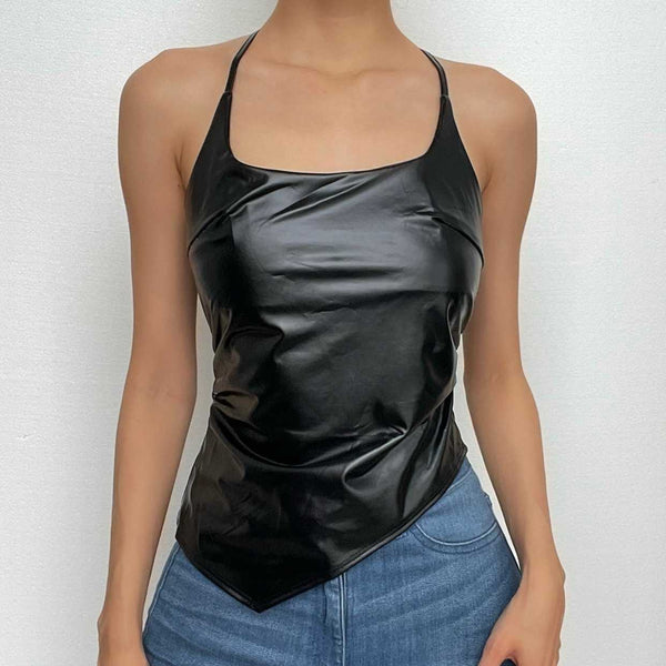 Self tie halter backless irregular PU leather square neck top