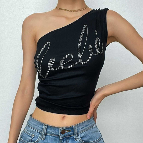 Beaded contrast one shoulder irregular ruched top