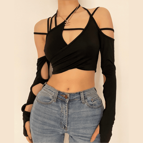 Hollow out long sleeve off shoulder irregular crop top - Halibuy