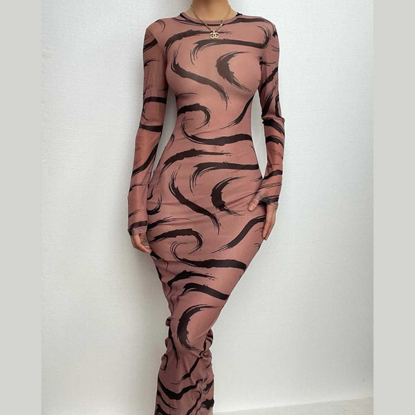 Sheer mesh see through long sleeve contrast print maxi dress  | samba dress