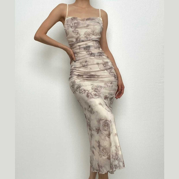 Robe midi camisole à col bénitier, froncée, en maille, à imprimé fleuri