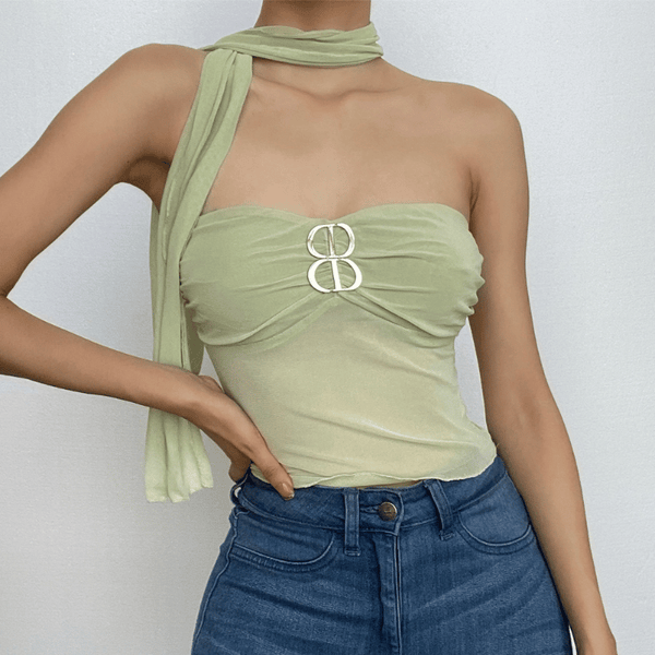 Sheer mesh backless buckle ruffle solid tube crop top
