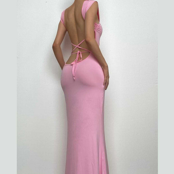 Robe longue unie dos nu sans manches à lacets et à nouer soi-même