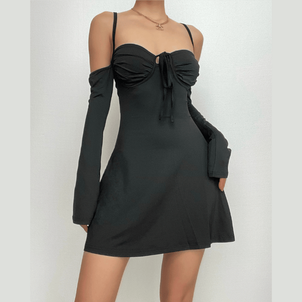 Lace up solid cross back off shoulder long sleeve mini dress  | black rave dress  | black rave dress