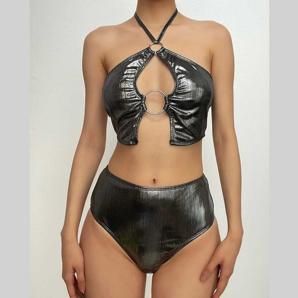 Maillot de bain bikini à nouer avec anneau métallique et licou 