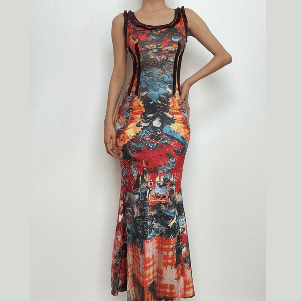 Robe longue contrastée à col en U et volants à nouer soi-même dans le dos