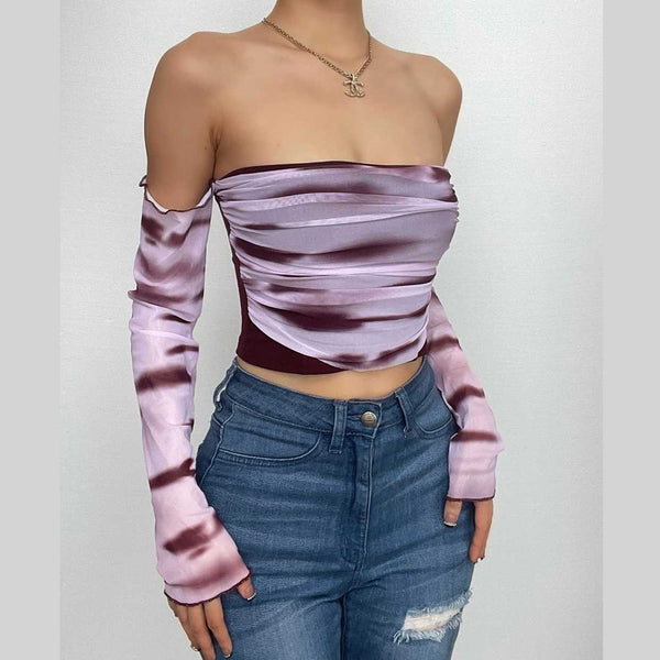Haut froncé tie-dye à manches longues et épaules dénudées 