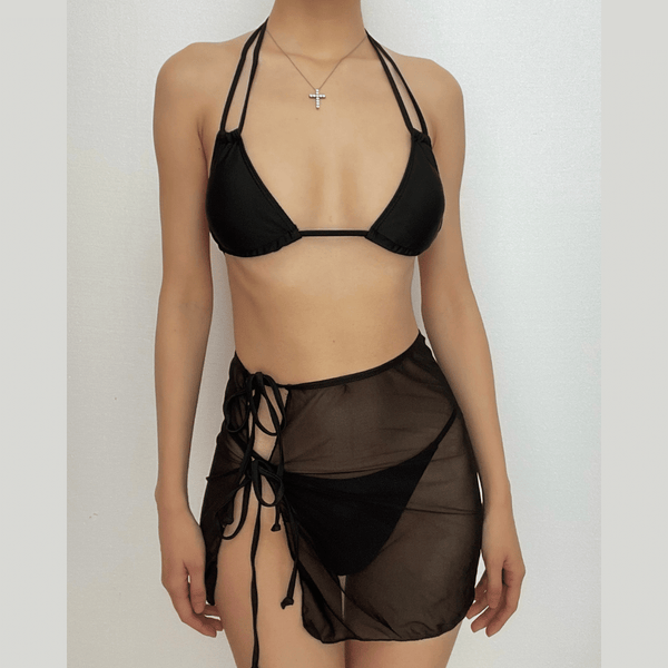 Maillot de bain 3 pièces uni à nouer et dos nu croisé sur le devant 