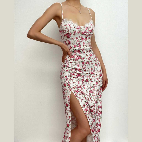 Robe midi à imprimé floral, décolleté plongeant et lacets | Robe de tango rouge 
