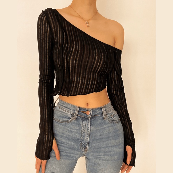 Long sleeve one off shoulder see through ruffled top - Halibuy