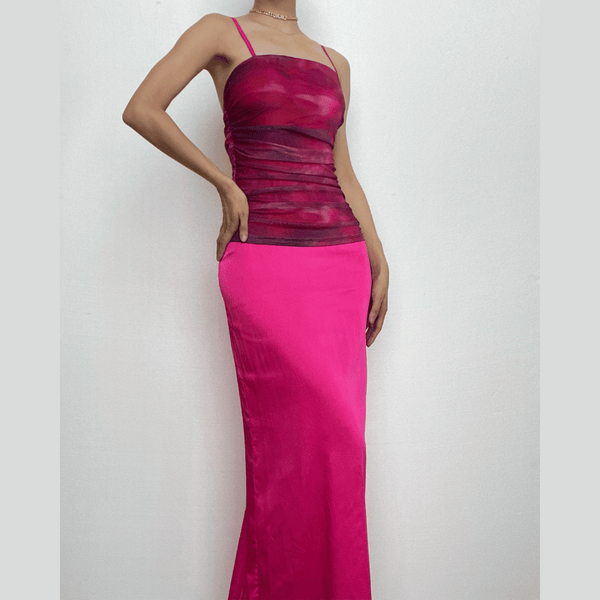 Robe longue à imprimé floral froncé, fermeture éclair, col carré, fente contrastée | robe tango rouge