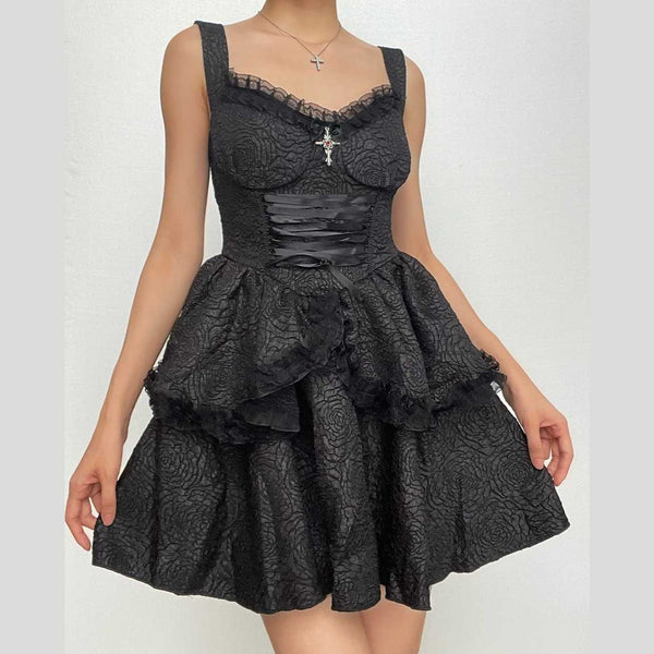 Mini-robe dos nu à lacets et fermeture éclair texturée avec ourlet en dentelle unie
