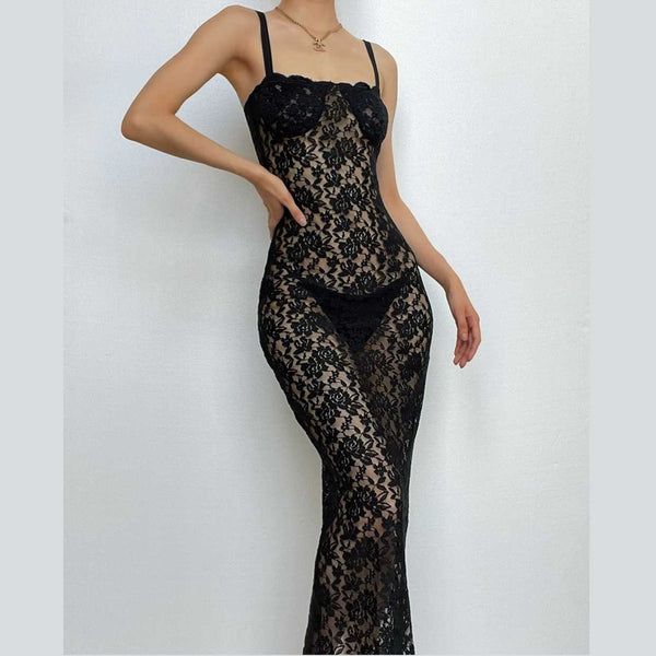 Robe longue transparente en dentelle unie avec fermeture éclair et dos nu, sans manches