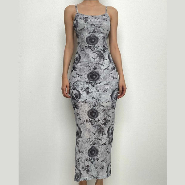 Robe midi en maille transparente à imprimé contrasté et fentes à col en U | robe samba