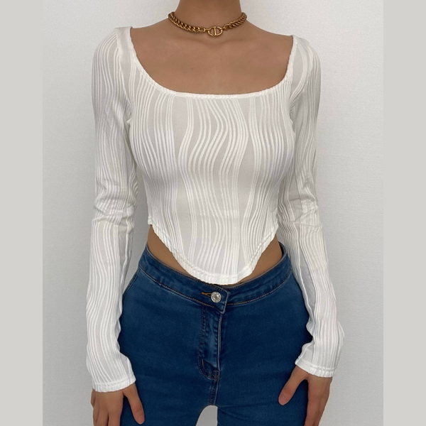 Textured u neck solid long sleeve corset crop top