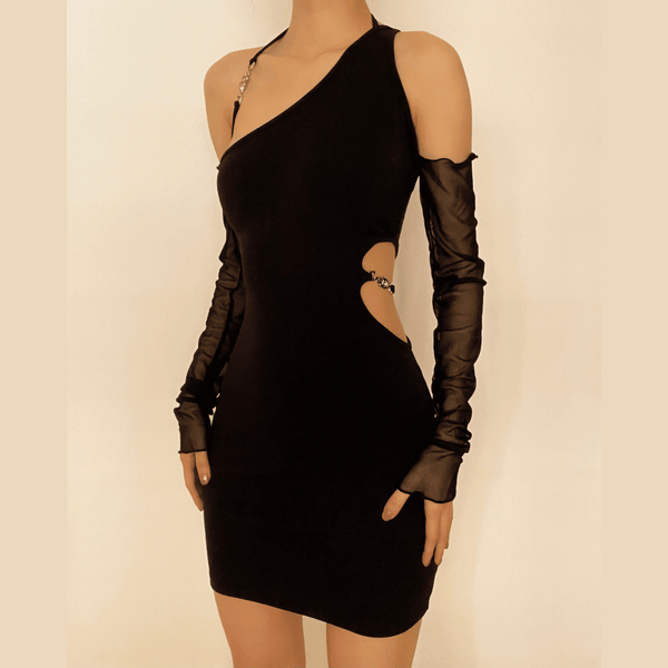 Long mesh sleeve off shoulder hollow out irregular dress - Halibuy