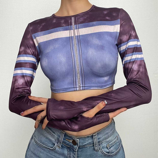 Gants tie dye, haut court à manches longues et col ras du cou contrasté 