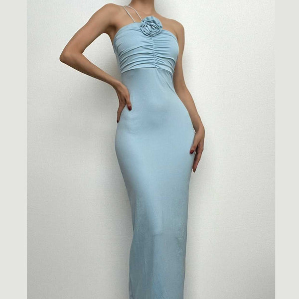 Robe longue à une épaule froncée et à fermeture éclair avec appliques florales