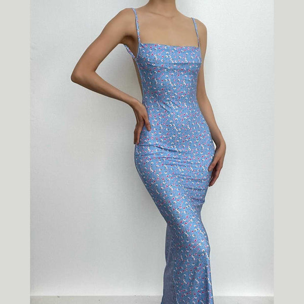 Robe longue camisole dos nu à col bénitier contrasté et imprimé floral 