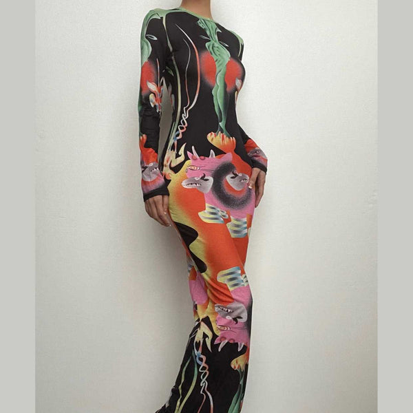 Robe midi à manches longues et col rond avec imprimé abstrait contrasté