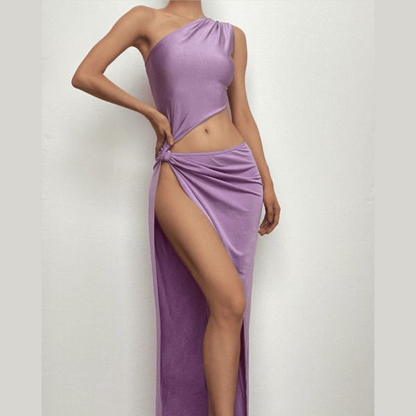 Robe longue fendue à une épaule irrégulière et nouée | robe de tango rouge