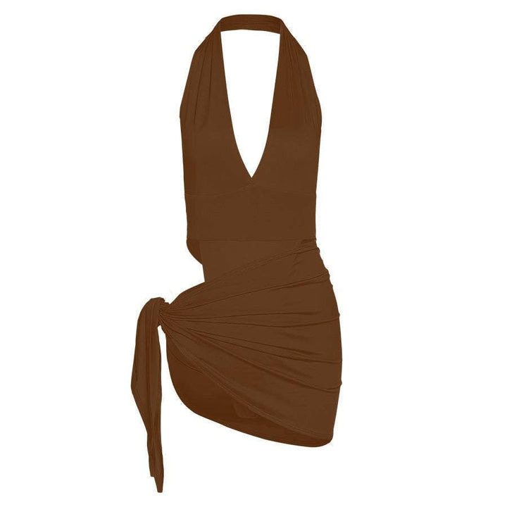 Halter V Neck knotted Ruched Bodycon Dress - Halibuy