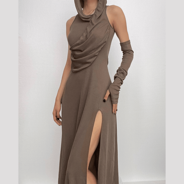 Robe longue fendue irrégulière sans manches avec sweat à capuche et gants froncés