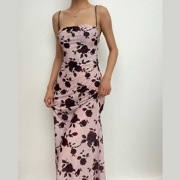 Robe midi à imprimé fleuri, décolleté plongeant, bretelles spaghetti contrastées, lacets et dos nu