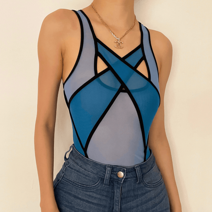 Hollow out patchwork mesh see through bodysuit - Halibuy
