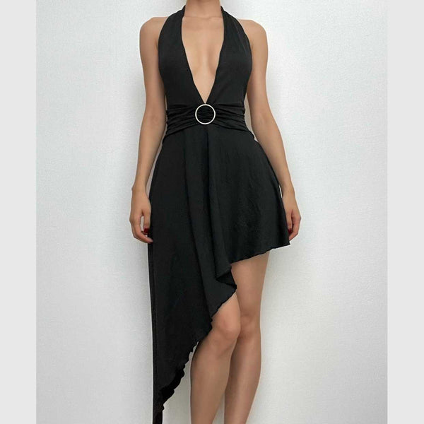 Robe midi unie à dos nu irrégulier et col en V avec licou