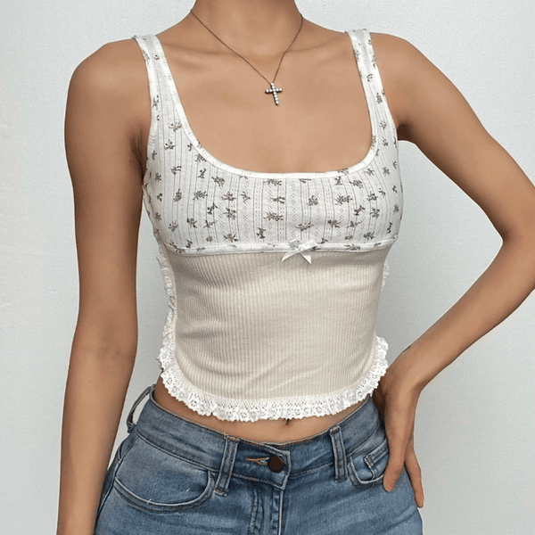 Haut sans manches à col carré et ourlet contrasté en dentelle à imprimé fleuri 