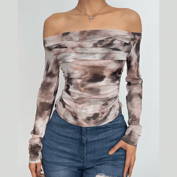 Haut à manches longues froncé en maille contrastée tie dye à épaules dénudées 