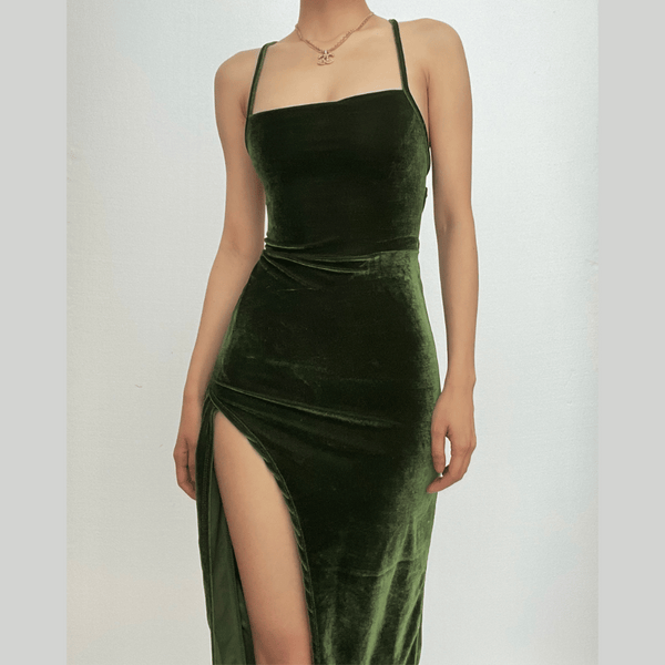 Robe midi en velours à lacets, fendue dans le dos, sans manches