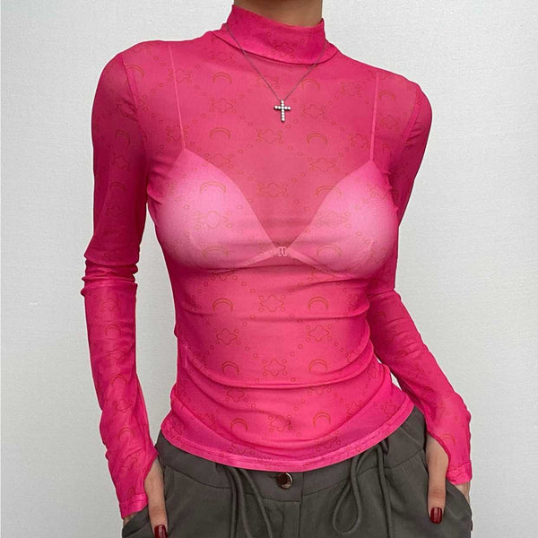 Haut à col montant et manches longues en maille transparente avec imprimé gants solides 