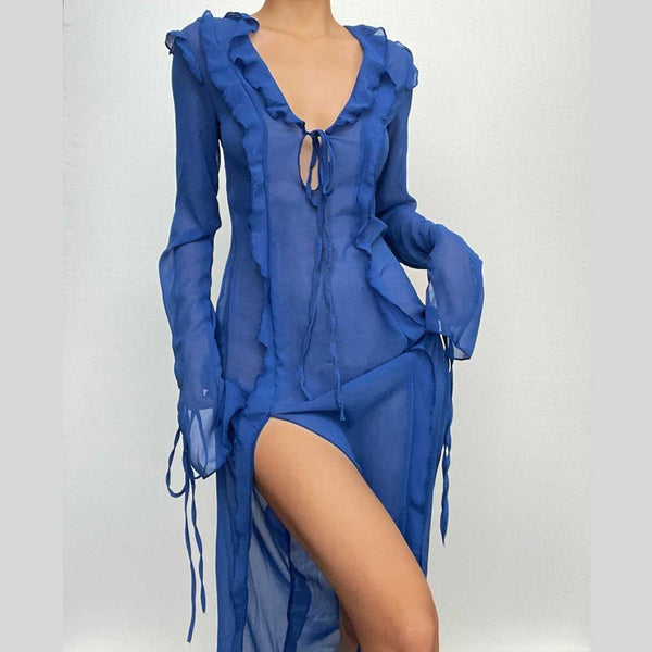 Robe longue fendue en mousseline transparente à manches longues et col en V à nouer soi-même
