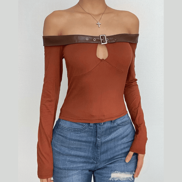 Haut à manches longues contrastées en cuir PU avec boucle et patchwork 