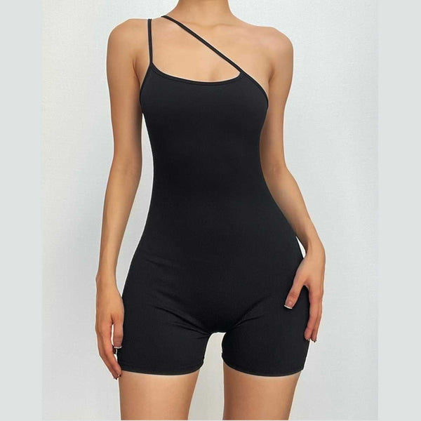 Solid one shoulder backless romper