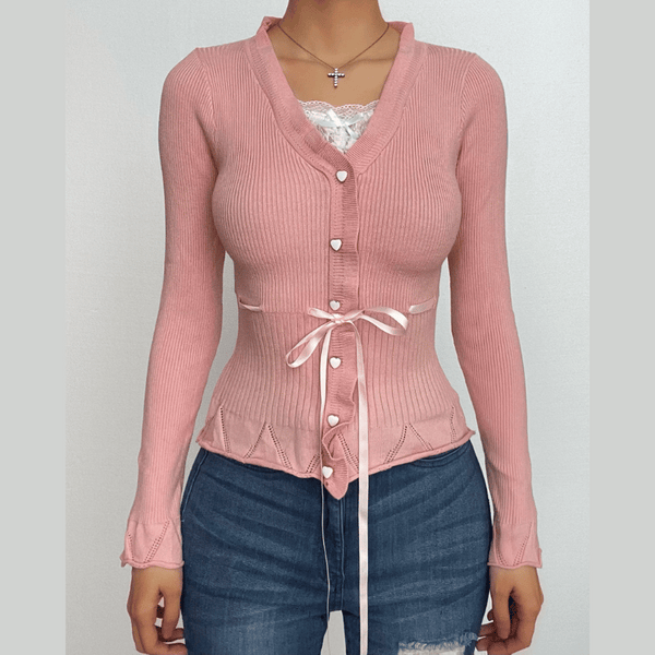 Haut tricoté à volants, manches longues, ourlet en dentelle boutonnée et contrasté 