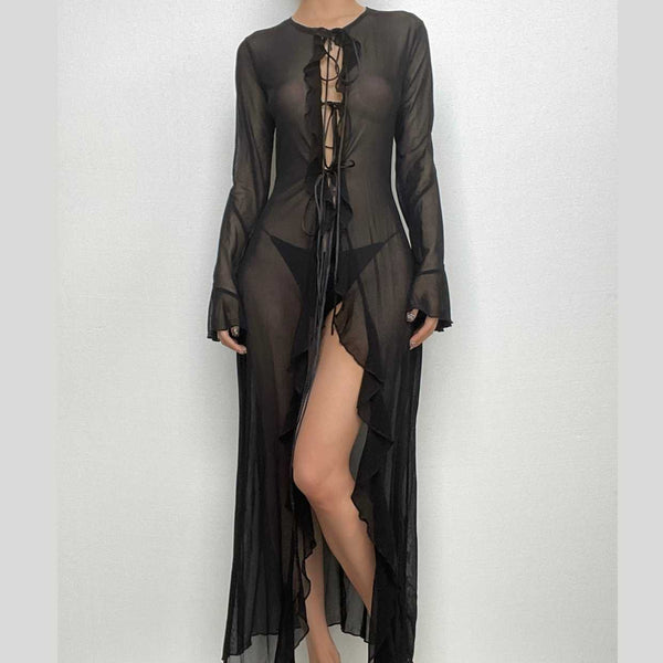 Robe longue transparente à volants et manches évasées, en maille transparente et à nouer soi-même | robe samba 