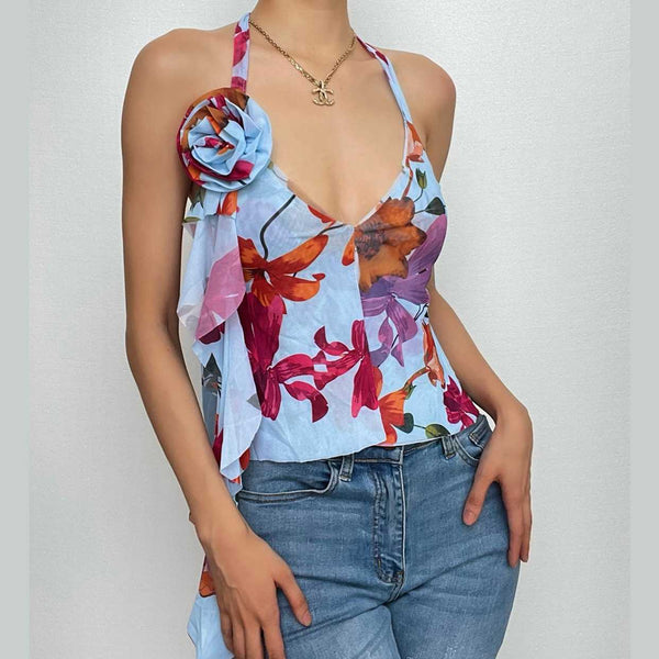 Haut court dos nu à col en V avec appliques florales et ruban contrasté, fente à nouer 